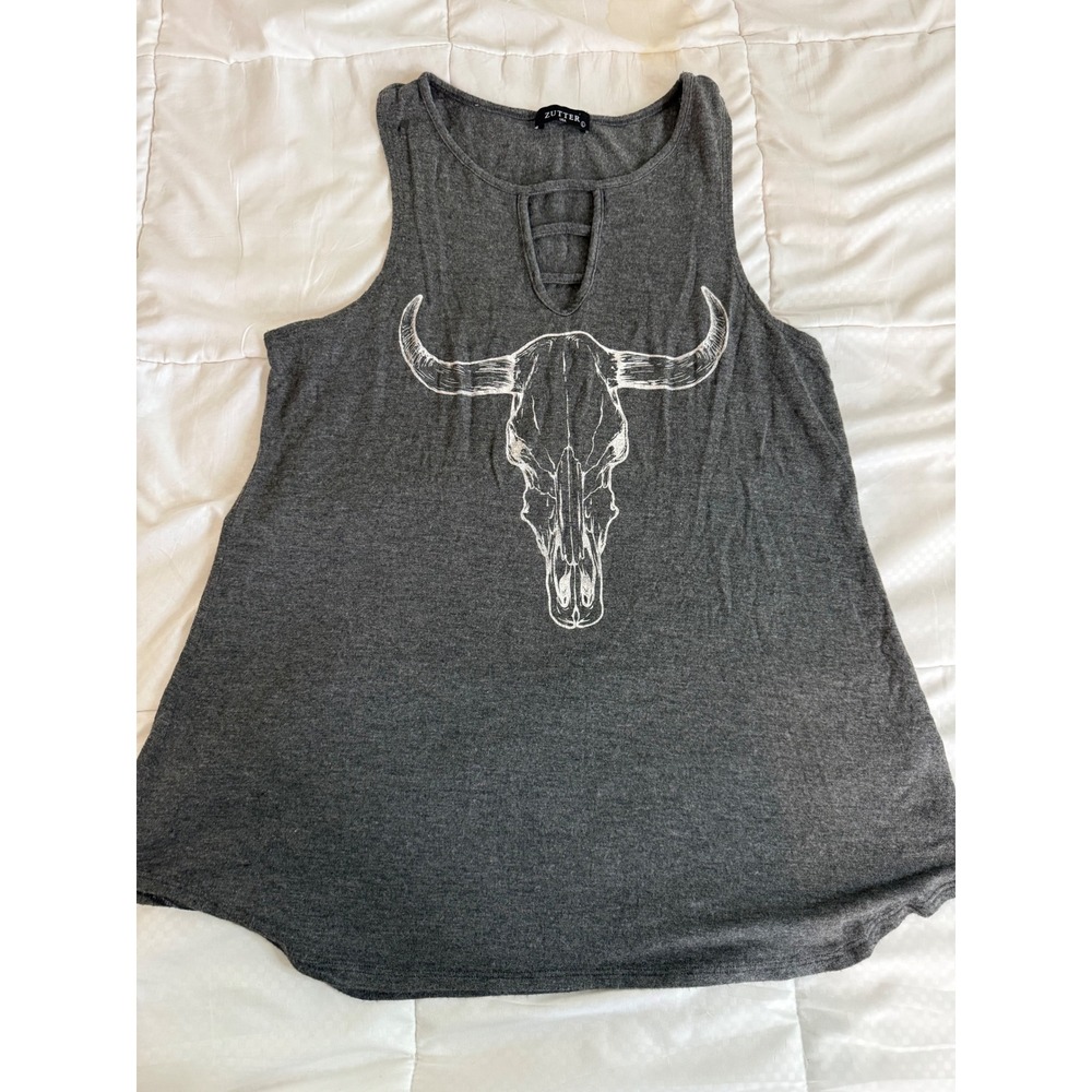 Zutter USA Western Bull‎ Skull Tank Top Gray Keyhole Graphic Muscle Tee Boho M